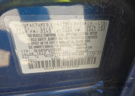 2018 Nissan Sentra Sv from USA, damaged, VIN 3N1AB7AP0JY229808